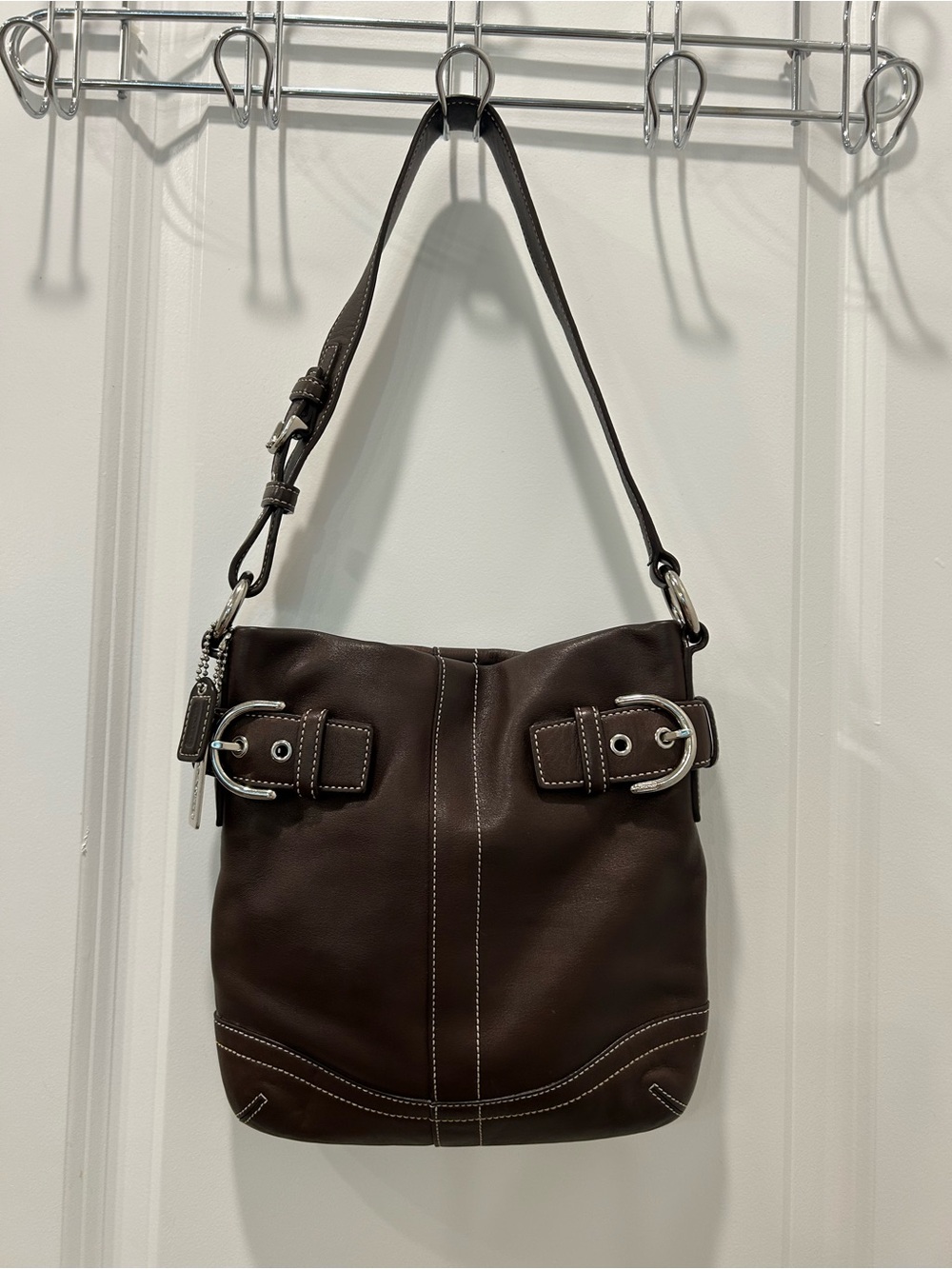Coach Dark Brown Leather Shoulder Bag with Silver Hardware